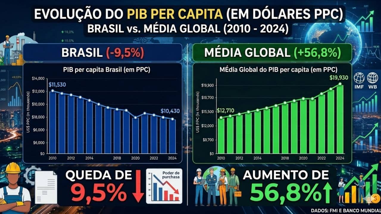 PIB per capita do Brasil cai 9,5% entre 2010 e 2024, segundo FMI/Banco Mundial; média global sobe 56%