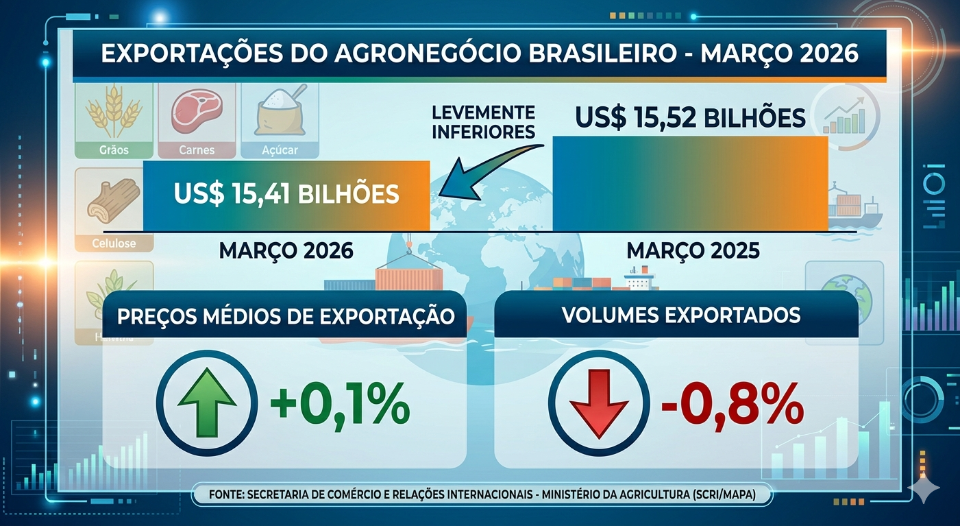 Exportações do agronegócio brasileiro em março: preços sobem 0,1% e volumes caem 0,8%