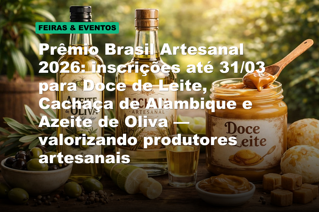 Prêmio Brasil Artesanal 2026: inscrições até 31/03 para Doce de Leite, Cachaça de Alambique e Azeite de Oliva — valorizando produtores artesanais