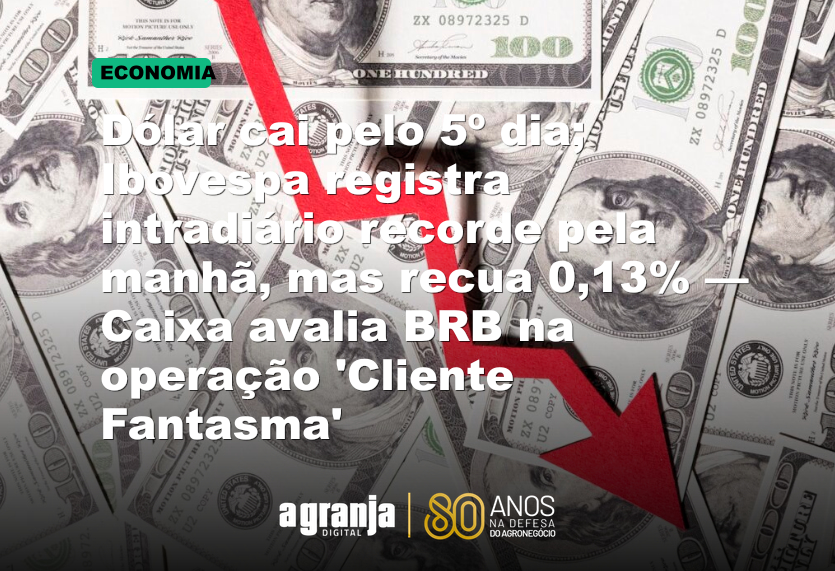 Dólar cai pelo 5º dia; Ibovespa registra intradiário recorde pela manhã, mas recua 0,13% — Caixa avalia BRB na operação 'Cliente Fantasma'