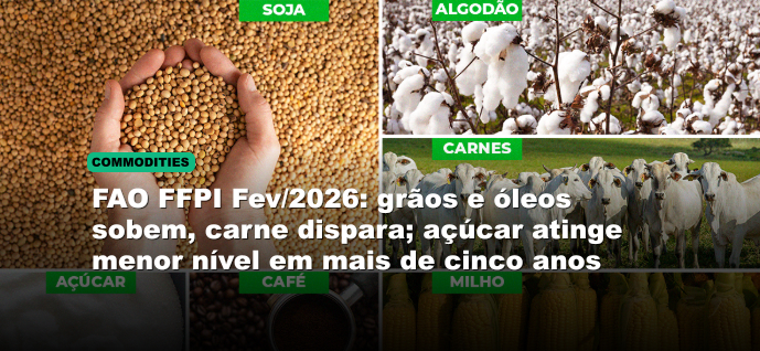 FAO FFPI Fev/2026: grãos e óleos sobem, carne dispara; açúcar atinge menor nível em mais de cinco anos
