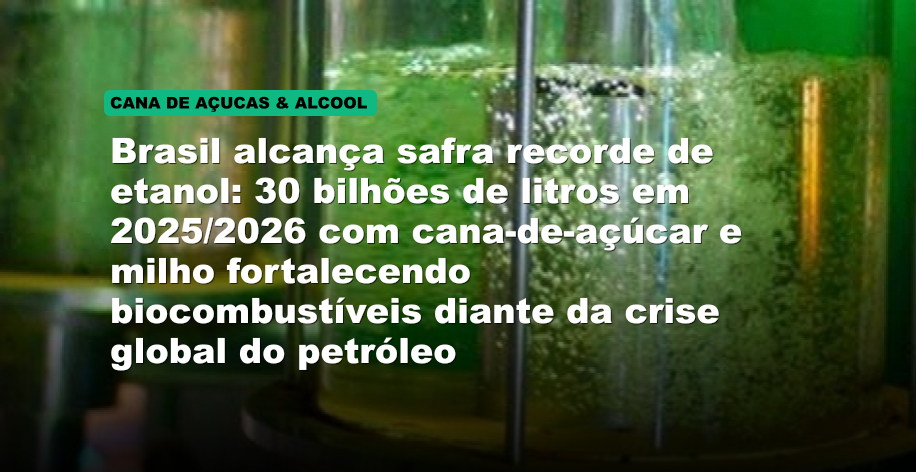 Brasil alcança safra recorde de etanol: 30 bilhões de litros em 2025/2026 com cana-de-açúcar e milho fortalecendo biocombustíveis diante da crise global do petróleo