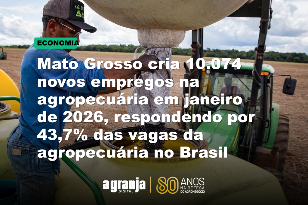 Mato Grosso cria 10.074 novos empregos na agropecuária em janeiro de 2026, respondendo por 43,7% das vagas da agropecuária no Brasil