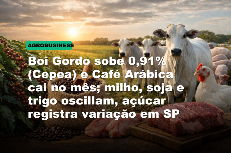 Boi Gordo sobe 0,91% (Cepea) e Café Arábica cai no mês; milho, soja e trigo oscillam, açúcar registra variação em SP