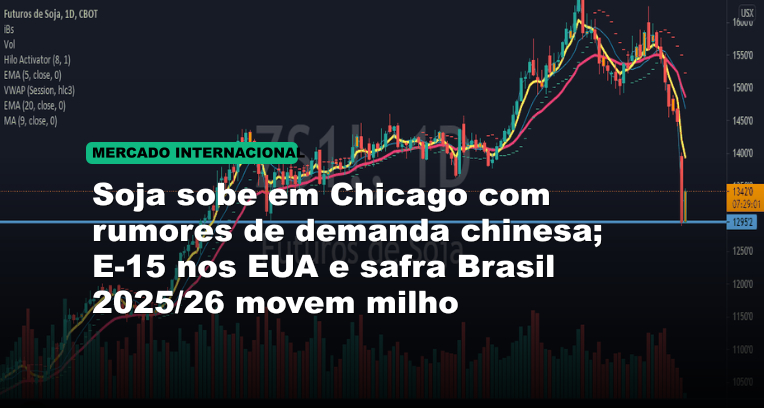 Soja sobe em Chicago com rumores de demanda chinesa; E-15 nos EUA e safra Brasil 2025/26 movem milho