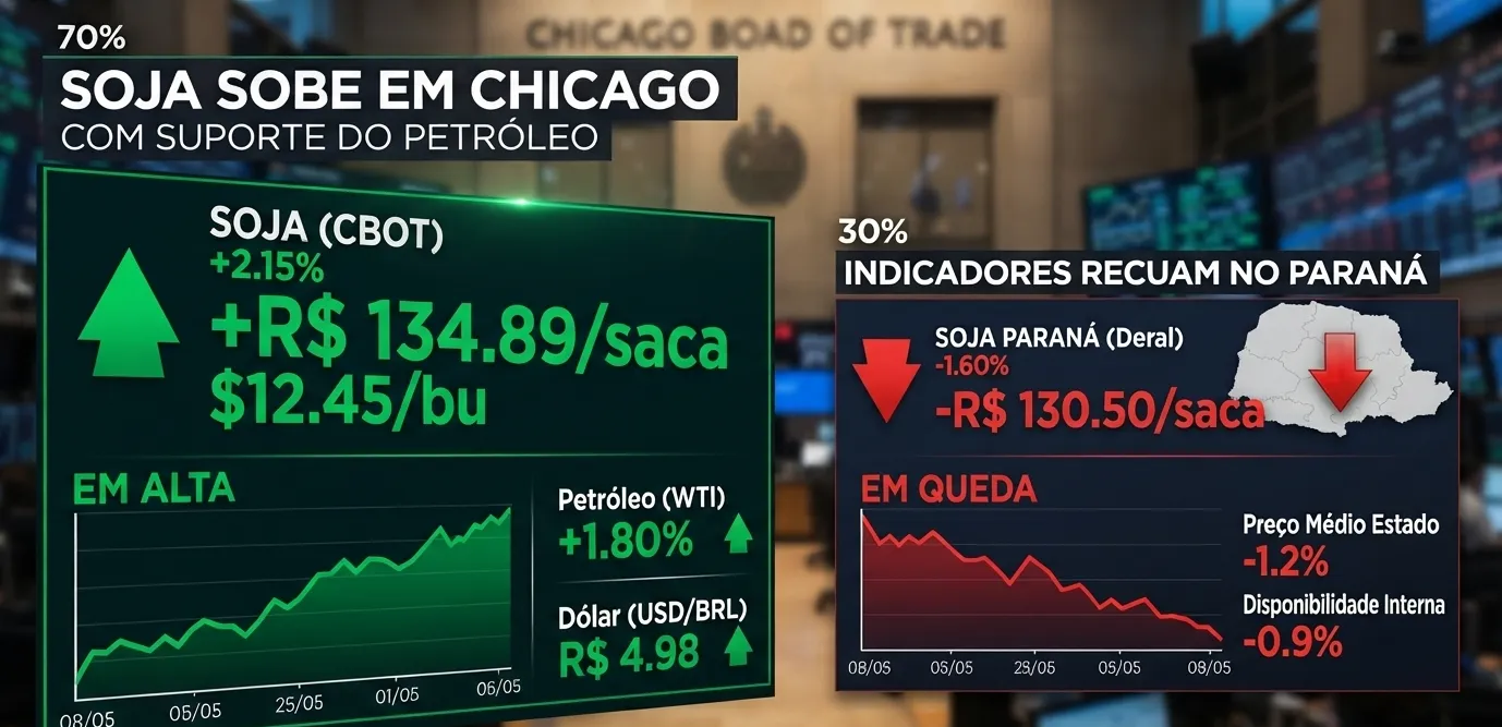 Soja sobe em Chicago com suporte do petróleo; indicadores recuam no Paraná