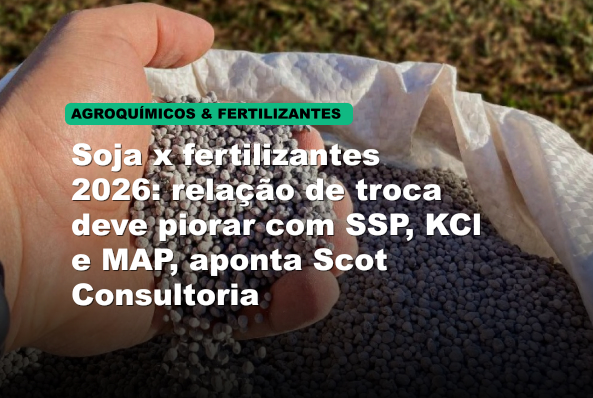Soja x fertilizantes 2026: relação de troca deve piorar com SSP, KCl e MAP, aponta Scot Consultoria