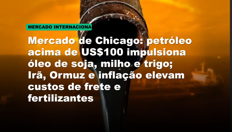 Mercado de Chicago: petróleo acima de US$100 impulsiona óleo de soja, milho e trigo; Irã, Ormuz e inflação elevam custos de frete e fertilizantes
