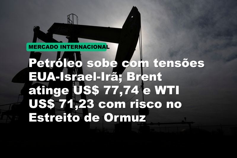 Petróleo sobe com tensões EUA-Israel-Irã; Brent atinge US$ 77,74 e WTI US$ 71,23 com risco no Estreito de Ormuz